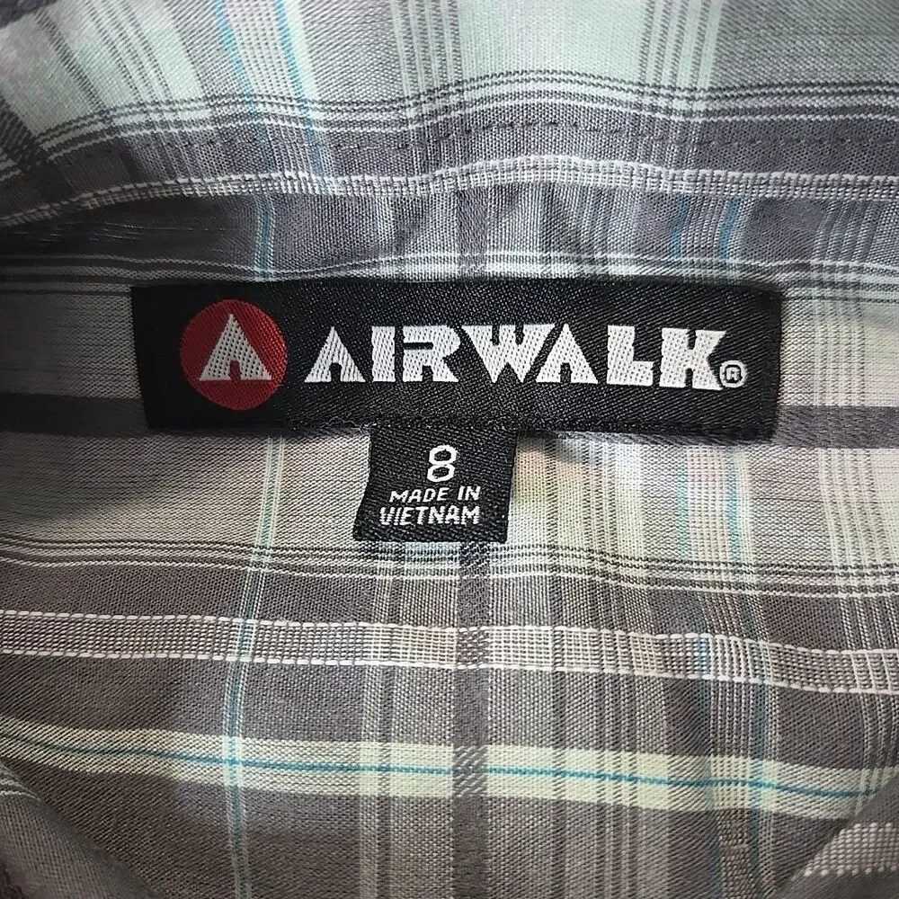 Airwalk Boys Short Sleeve Button Up Shirt Gray Plaid 8 Y2K Skater Streetwear